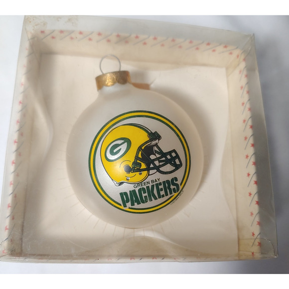 Green Bay Packers Christmas Ornament NFL Football White Glass Original Box - Picture 6 of 8